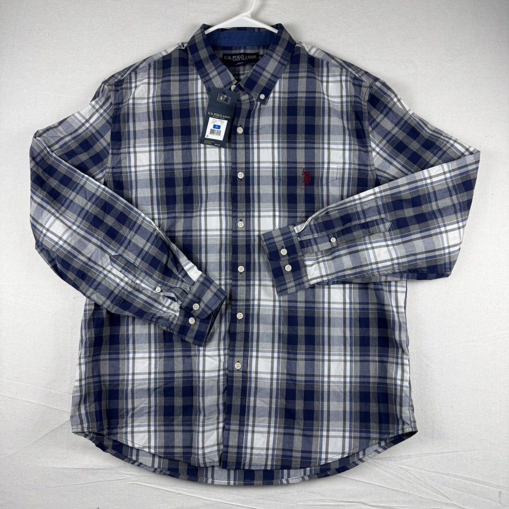 US Polo Assn Mens XL Plaid Button Down Shirt Navy Blue Grey Long Sleeve 11C693VY